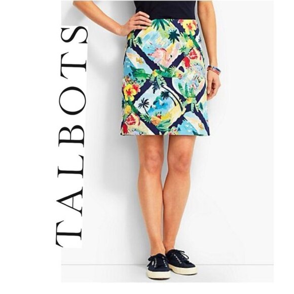 TALBOTS PETITE PENCIL SKIRT TROPICAL SZ 16 FLAMINGO PINEAPPLES BEACHY VACAY CHIC - Picture 1 of 7